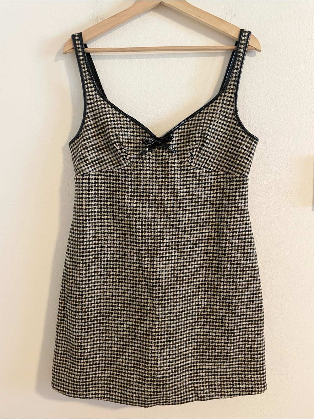 Alexa Chung Edwige Houndstooth Tweed Mini Dress Women’s Size 10 Patent Trim Bow - Picture 6 of 13